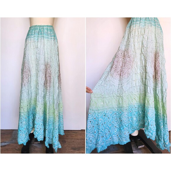 Vintage Dresses & Skirts - Vintage Silk Skirt Rainbow Colors - Indian Ombre Silk Maxi Skirt W/Sequins XS S